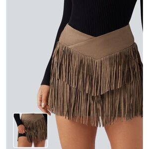 Halara  Crossover High Waisted 2-in-1 Fringe Hem Bodycon Mini Suede Party Skirt